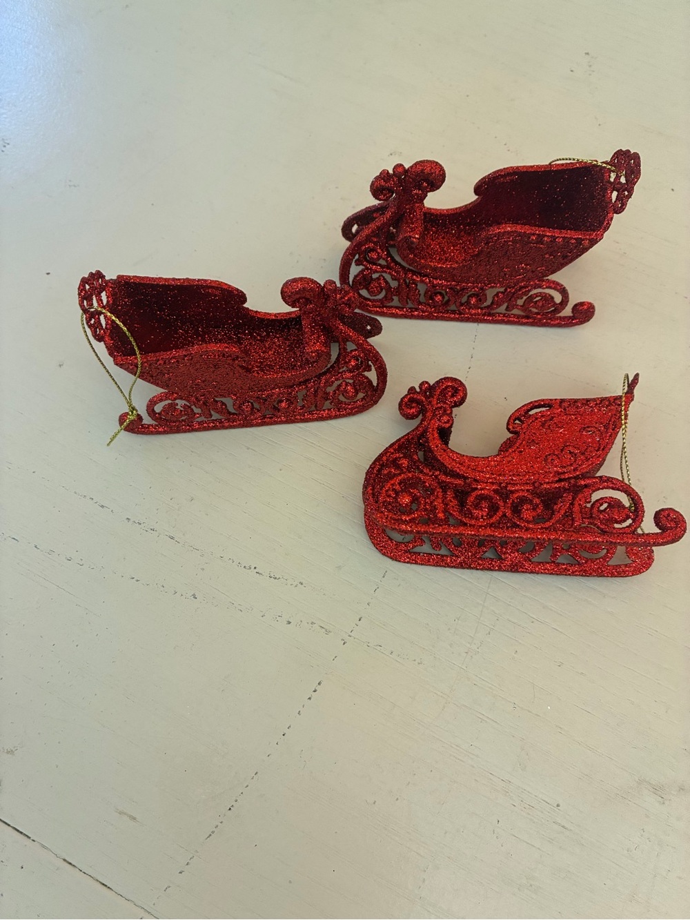 Glitter Covered Sled Christmas Ornaments Set of Three